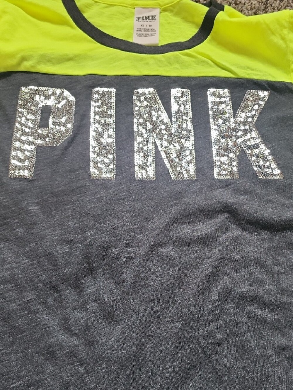 PINK Victoria's Secret Neon Yellow & Charcoal Sequin Logo Long Sleeve Tee - Picture 3 of 3